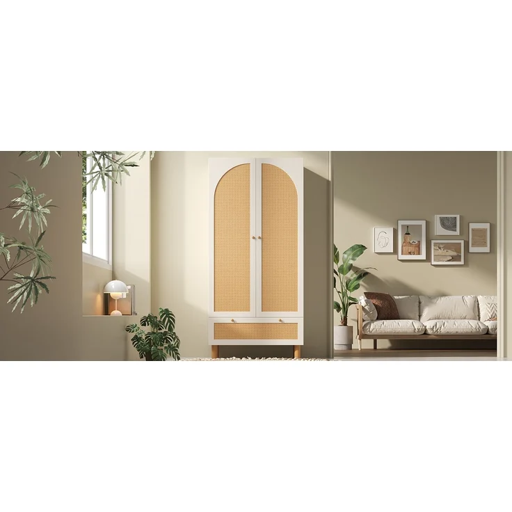 Landhaus Kleiderschrank Weiß Mit Rattan 180x85x52 cm Garderobenschrank Mit Höhenverstellbaren Regalen Und Schublade Hängebereich Landhausstil Wohnzimmerschrank Schlafzimmer Schrank – Bild 4