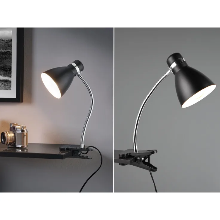 LED Klemmleuchte flexibel, Chrom & Metallschirm Schwarz, 36cm