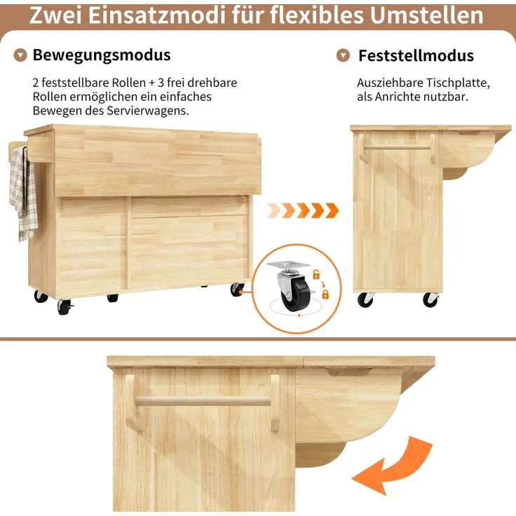 Kücheninsel Küchenwagen Klapptisch MDF Metall Schubladen Fächer Holzoptik Schachbrettmuster mobil rustikal – Bild 4