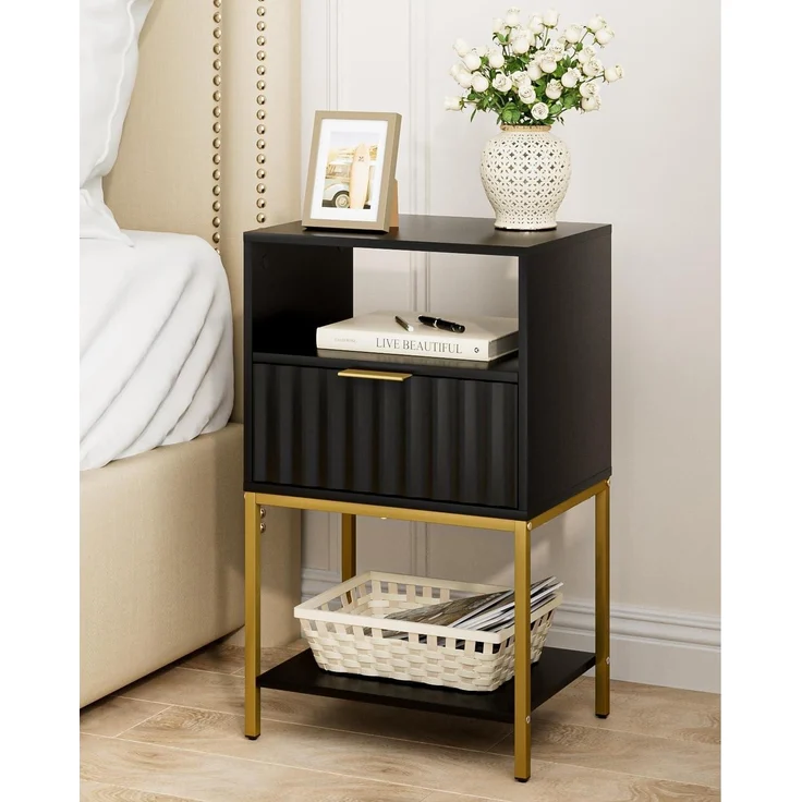 HEYZOEY Nachttisch 3-Tier Schwarz Goldrahmen Endtisch Fernsehtisch – Bild 6