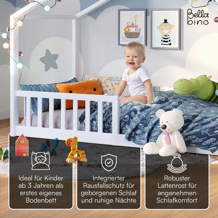 Bellabino 'Bia' Hausbett 80x160 cm mit Matratze, weiß, Kiefer Massivholz, Bodenbett in Hausoptik, Montessori Kinderbett mit Rausfallschutz und Lattenrost – Bild 3