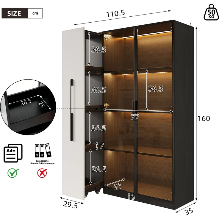Flieks LED Vitrinenschrank 110.5×35×160 cm, Multifunktionsschrank mit Glasvitrine, Bücherregal & Aufbewahrungsschrank, Rollschrank schwarz & weiß – Bild 3