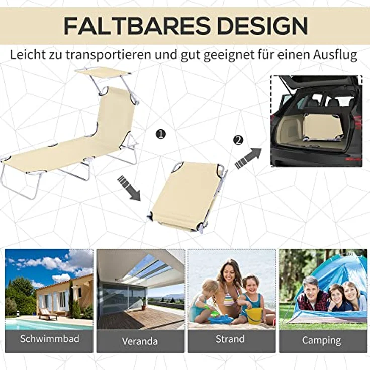 Outsunny Sonnenliege klappbar Gartenliege mit Dach, Liegestuhl mit 4-Fach verstellbare Rückenlehne, wetterfeste Campingliege bis 120 kg belastbar, für Garten Strand Pool, Beige – Bild 5