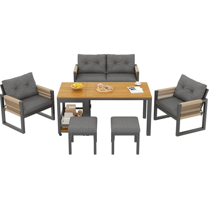 LVHOM 7-tlg. Gartenmöbel-Set, Lounge-Set für 6–7 Personen, wetterfeste Sitzgruppe inkl. Esstisch und abnehmbarem Servierwagen mit Stauraum, Grau/Eiche – Bild 2