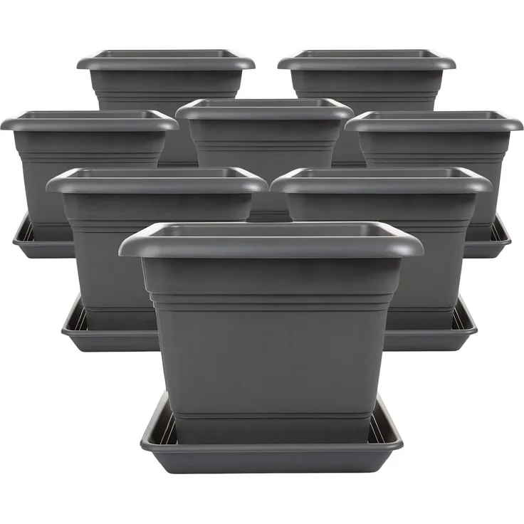 Centi Pflanzkübel Blumentopf Gross, Pflanzentopf Groß Außen, Blumentopf mit Löcher (Spar Set, 8 St, 40x40 cm), inkl. Untersetzer, Pflanzkübel Kunststoff, Blumenkübel Antrazith
