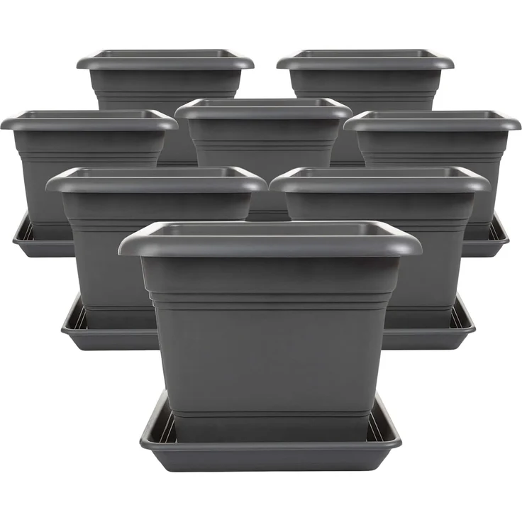 Centi Pflanzkübel Blumentopf Gross, Pflanzentopf Groß Außen, Blumentopf mit Löcher (Spar Set, 8 St, 40x40 cm), inkl. Untersetzer, Pflanzkübel Kunststoff, Blumenkübel Antrazith – Bild 1