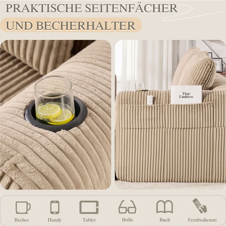 2-Sitzer Sofa, Cord mit Seitenfächern & Becherhaltern, 158x93x61 cm, Khaki – Bild 9