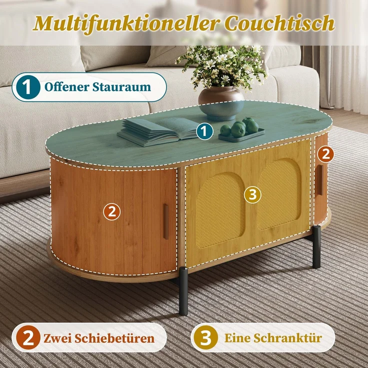 Couchtisch oval B 100 x T 50 x H 40 cm, MDF in Naturfarbe mit Rattan-Türen und Metallbeinen – Bild 8