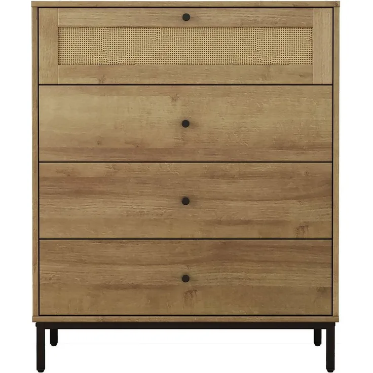 OTTO home Kombikommode Motala Sideboard Wäscheschrank im BOHO Design Bestseller Kommode (Eichen-Design mit Geflecht Schublade und schwarzen Griffen), Schrank Schlafzimmer mit 4 Schubladen hochwertig