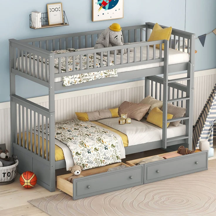 Etagenbett mit 2 Schubladen, stapelbares Hochbett umwandelbar in 2 Einzelbetten, platzsparendes Doppelbett für Kinder & Jugendliche,Grau – Bild 3
