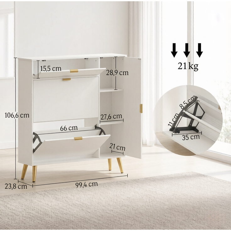 DESVIAE Garderobenschrank Schuhschrank Weiß aus MDF/Spanplatte – 99,4x106,6x23,8 cm – 2 Kippschubladen – Bild 9