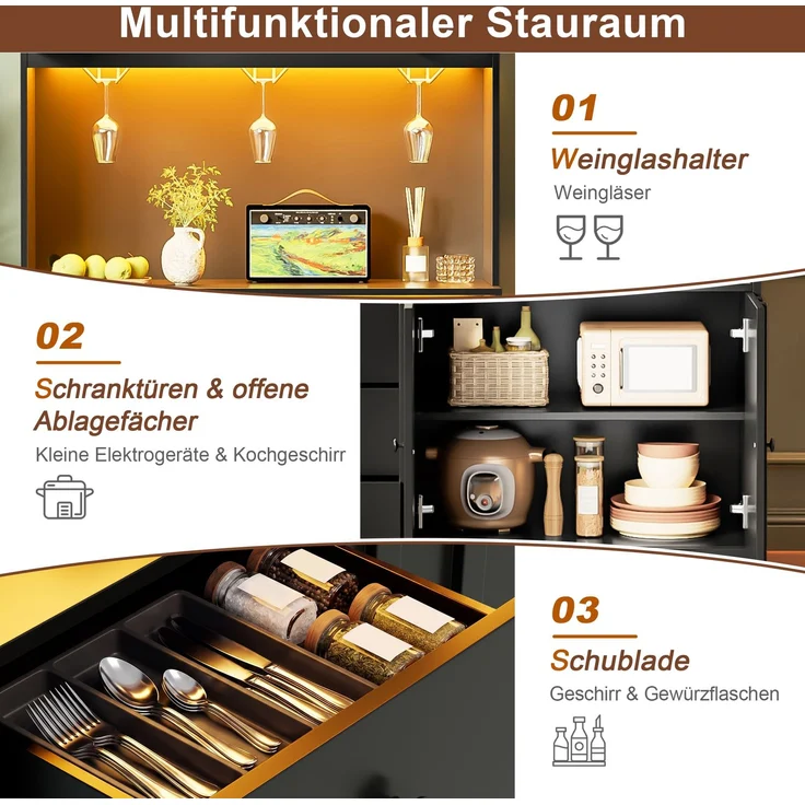 180 cm Küchenschrank, Hochschrank mit LED, Küchenregal mit Steckdose, Weinregal und Vitrine für Küche & Esszimmer--Schwarz--100x40x180cm--YOUDENOVA – Bild 5