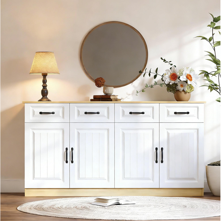 DESVIAE Sideboard mit 4 Schubladen und 4 Türen 160x80x35 cm MDF Weiß/Naturholzfarbe