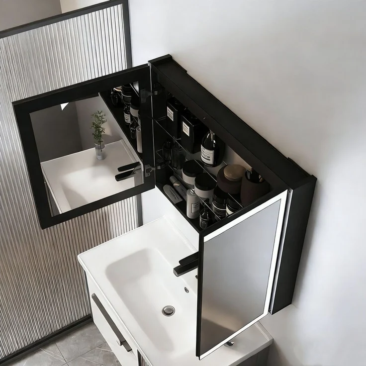 WDWRITTI Spiegelschrank 2türig 80x60x13,5cm Schwarz Metall Kalt/Neutral/Warmweiß Dimmbar (Badschrank Schwarz matt, 4mm Doppel Spiegel, Dimmbar, Anti-fog, Speicherfunktion) vormontiert geliefert, mit Netzadapter, 1,5m Kabel – Bild 1