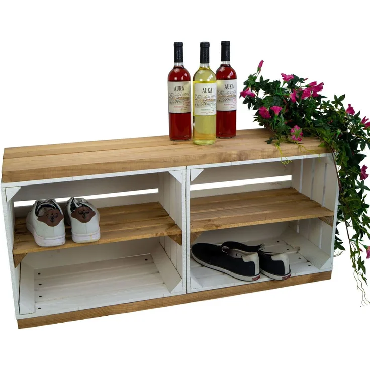 Kistenkolli Altes Land Schuhregal mit Sitzbank aus Obstkisten und massiven (Sitzbank Weiss mit Natur Planken und Mittelbrettern)