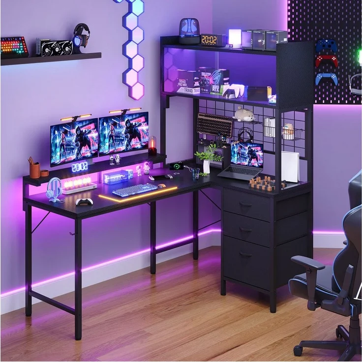 HOMALL Schreibtisch L-förmiger Gamingtisch mit Regal, LED-Leuchten, Steckdose & Schubladen (Maße: 115 cm, mit Vitrine, 4 Stoffschubladen und Haken, links oder rechts montierbar) – Bild 2