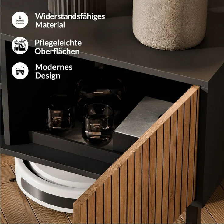 Planetmöbel TV-Schrank Liora TV Board, Lowboard 150 cm lang, TV Kommode (für Fernseher bis 65 Zoll, 1-St, Fernsehtisch für Wohnzimmer, viel Stauraum) Fernsehschrank mit zwei offenen Fächern – Bild 4