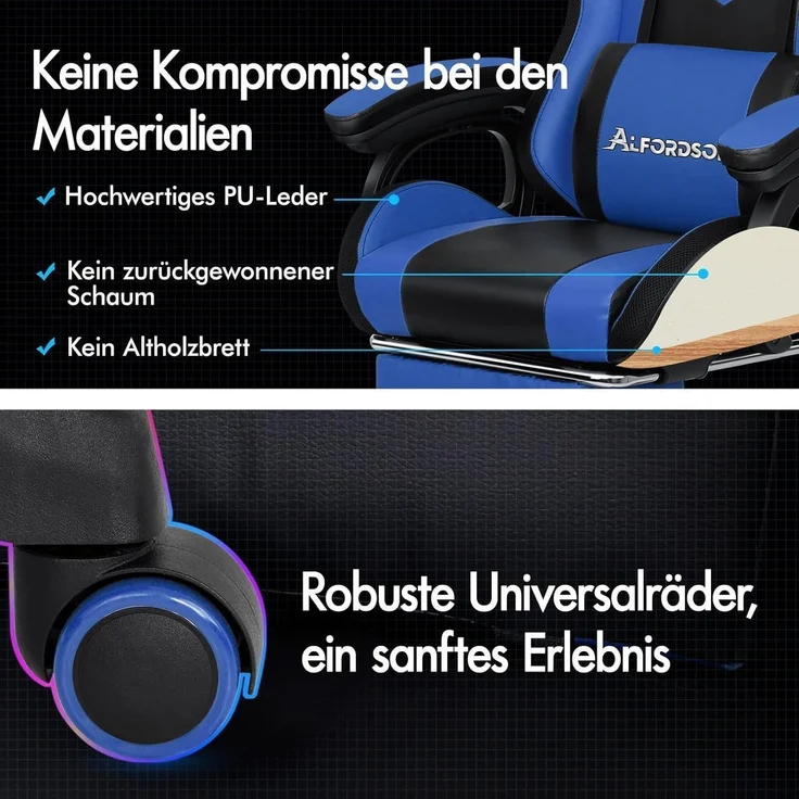 Racing Gaming Stuhl Massage Gamer 12 LED Farben RGB Beleuchtung Blau - ALFORDSON – Bild 6