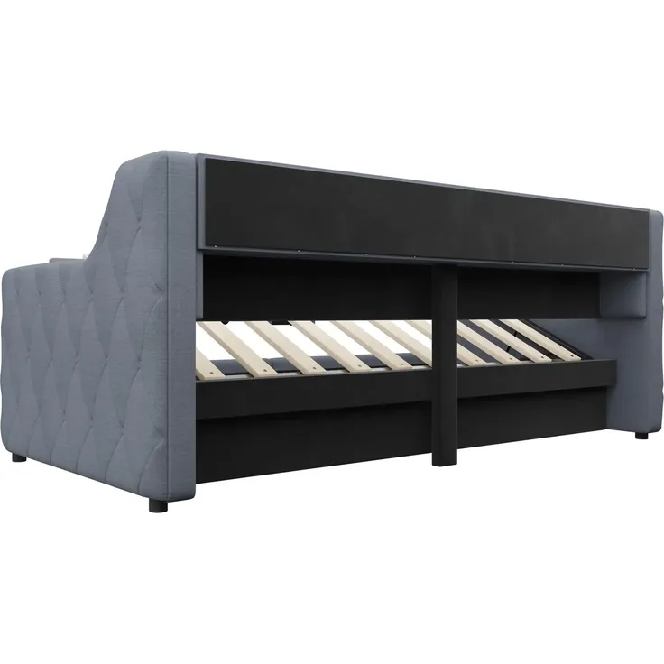 Schlafsofa mit LED-Beleuchtung und Aufbewahrung, Polsterbett mit Lattenrost, 90x200 cm, Einzelbett, Jugendbett, Leinen – Bild 8