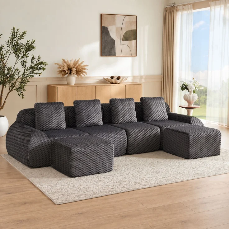 Merax Modulares Sofa U-Form/L-Form, 6-Sitzer Wohnlandschaft für Wohnzimmer, Rahmenloses Vollschaumsofa mit 74 cm Sitztiefe, Breiten Armlehnen und 2 Beweglichen Ottomanen, Montagefrei, Grau – Bild 7