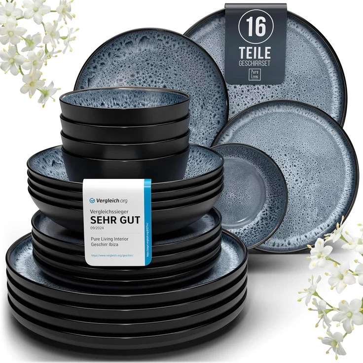 Steingut Geschirrset 4 Personen Ibiza 16-tlg - Hochwertiges Mediterranes Steingut Geschirr Set - Schüssel- und Teller Set - Tafelservice 4 Personen - Geschirrsets Pure Living Schwarz Rauchblau – Bild 1