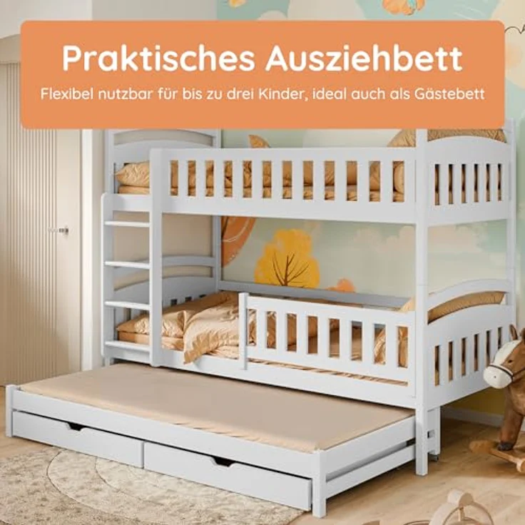 Kids Collective Etagenbett Hochbett Stockbett Kinderbett 90x200 cm mit Ausziehbett und Schubladen (mit drei Matratzen inklusive), Umbaubar zu 3 Einzelbetten mit Lattenrosten & Rausfallschutz, Kaschmir – Bild 7
