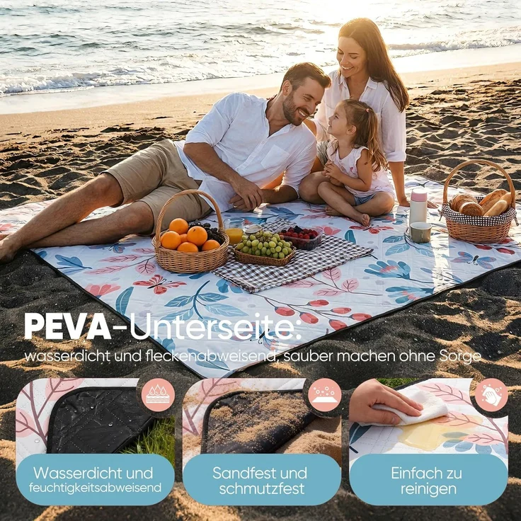 Sekey Picknickdecke Wasserdicht 200x200 cm Stranddecke Sandfrei geeignet für Picknick, Camping, Strand, Beige - Blumen & Falter – Bild 6
