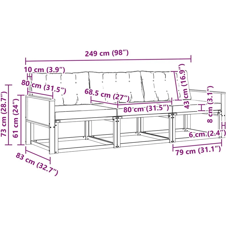 vidaXL Outdoor-Sofagarnitur 3 stk. 3-Sitzer Natur und Schwarz 3381212 – Bild 6