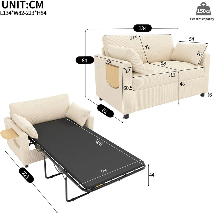 Schlafsofa 134/223x82x84 cm in Beige, Cord mit Schlaffunktion, Matratze, USB/USB-C und klappbarem Seitentisch – Bild 5