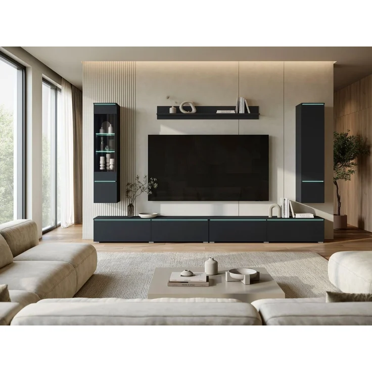 Home affaire Wohnwand Vera, Breite 300 cm, (Komplett-Set, 5-St), Mit LED, Glasvitrine, grifflose Fronten – Bild 2