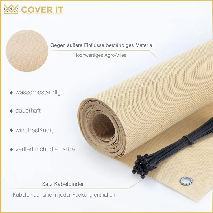 COVER IT Balkon Sichtschutz Ohne Bohren Balkonsichtschutz Beige mit Ösen 95x300 cm Sichtschutz Balkon Ohne Bohren - Sichtschutz für Balkon Terrasse - Sichtschutz Balkongeländer – Bild 3