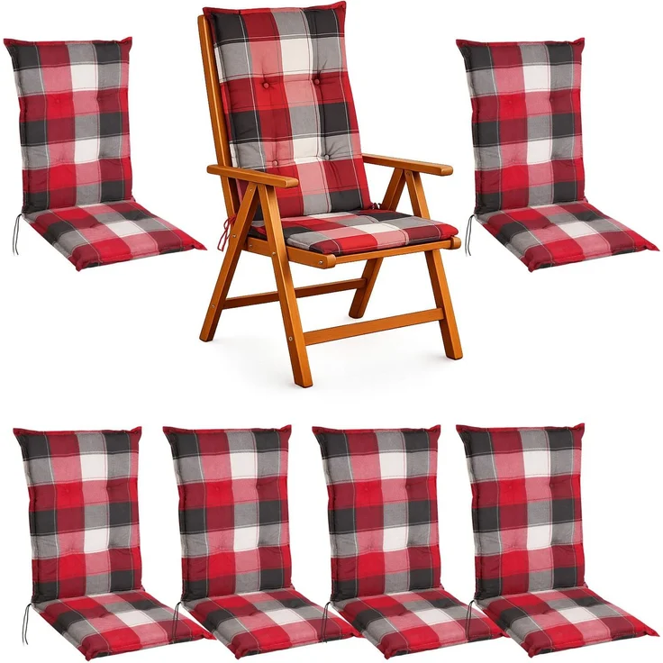 BURI 6x Hochlehner Auflage 120x50x5,5 cm - wetterfeste Gartenstuhlauflage mit Schaumkern & Vollvlies, Halteband & Bindebänder, bequemes Stuhlpolster für Balkon, Terrasse & Garten (Rot/Grau Kariert) – Bild 1