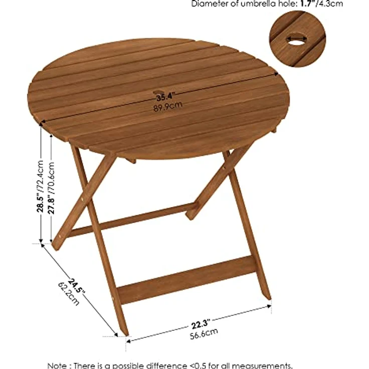 Furinno Tioman Outdoor Klapptisch mit Sonnenschirmloch, Natur, 89,92 x 89,92 x 72,39 cm – Bild 4