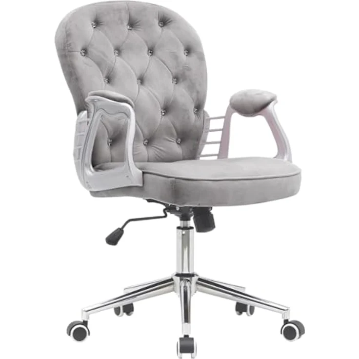 BAKAJI Bürostuhl aus Samt mit extra weicher Polsterung und Shabby-Chic-Textur, ergonomischer Schreibtischstuhl mit Gasdruckhöhenverstellung, 95-105 cm (Grau) – Bild 2
