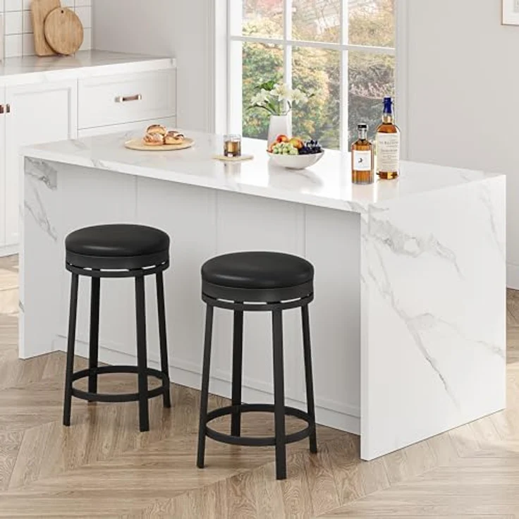 GarveeHome 360°Drehbar Runde Barhocker 2er Set, 62cm Hoch Barstühle mit Fußstütze, Küchenthekenhocker mit PU-Kunstleder und Metallrahmen, Hocker für Bartisch, Küchenstühle für Küche/Bar, Schwarz – Bild 3