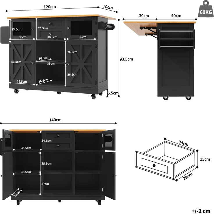 Ess- und Servierwagen 140×70 cm Schwarz, ausziehbar, klappbare Seitenwände, 360° Drehfunktion, Metallgriffe, geräumige Schublade, 93.5cmx140cmx40-70cm – Bild 6
