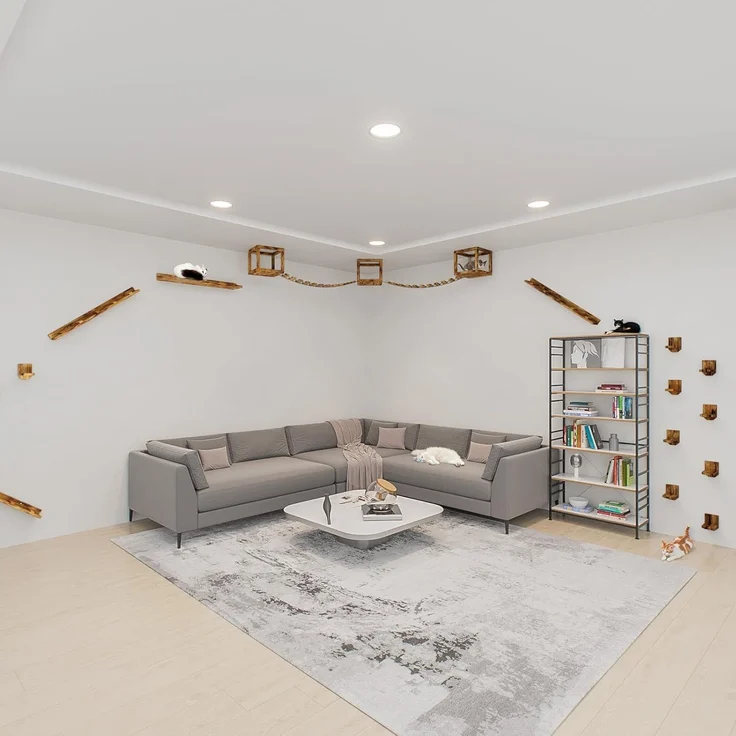 QLS Katzen-Kletterwand Deckenmontage Geflammt mit 2 Brücken und 3 Liegen, aus Kiefernholz für Spaß und Entspannung 5-tlg. – Bild 3