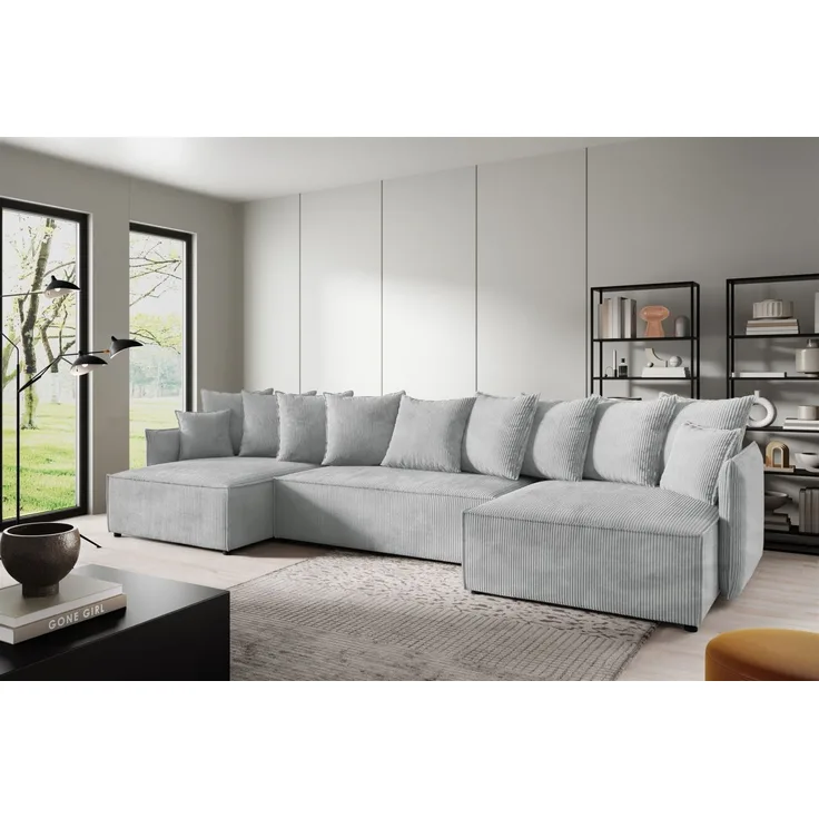 Wohnlandschaft mit Schlaffunktion MINEA Sofa U-Form in Stoff Poso Hellgrau