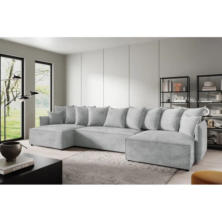 Wohnlandschaft mit Schlaffunktion MINEA Sofa U-Form in Stoff Poso Hellgrau – Bild 1