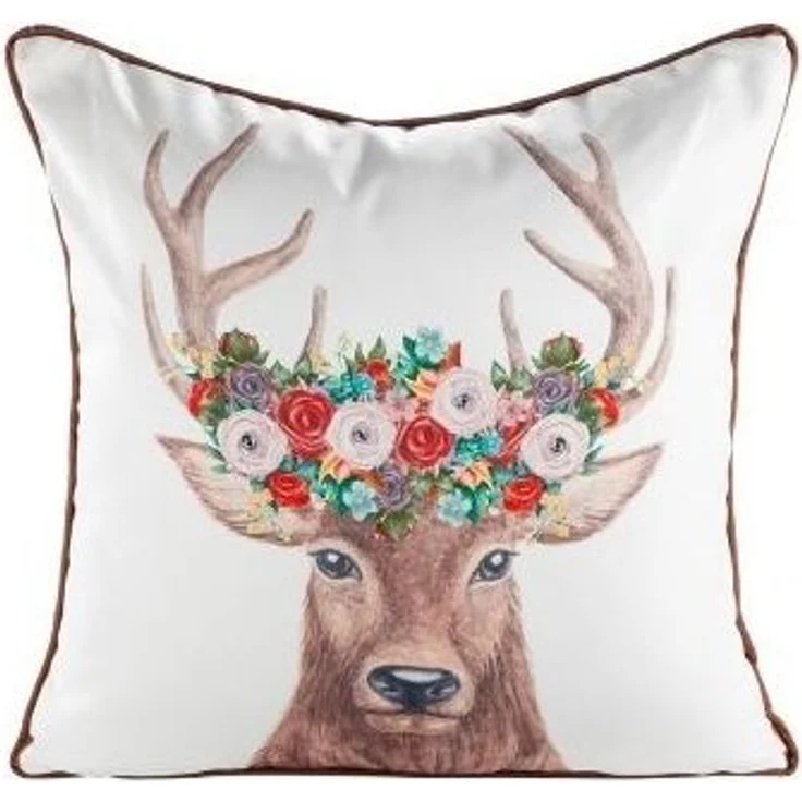 Kissen Hirschkopf mit Blumen braun/creme, Rückseite braun – Bild 2