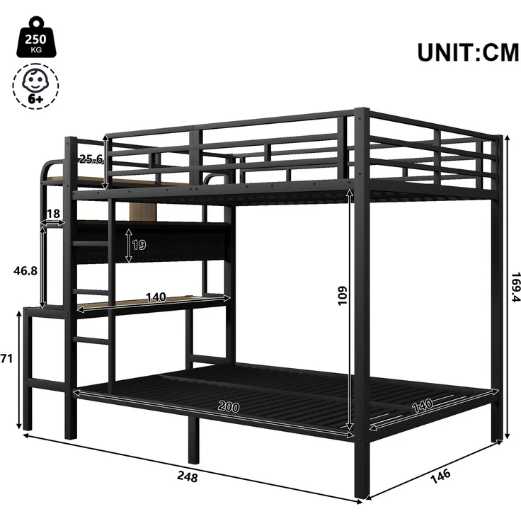 Etagenbett, 140x200 cm, Eisenrahmen, Ablagefach, Schreibtisch, mit LED-Lichtleiste, USB-Anschluss, Sicherheitsgeländer, Leiter, ohne Matratze, schwarz – Bild 8