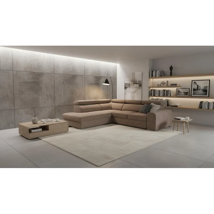 Wohnero24 Ecksofa PAVONE 4 208x263 cm – modernes Chenille Sofa Hellbraun mit Schlaffunktion 190x125 cm & Bettkasten, verstellbare Kopfstützen – Bild 3