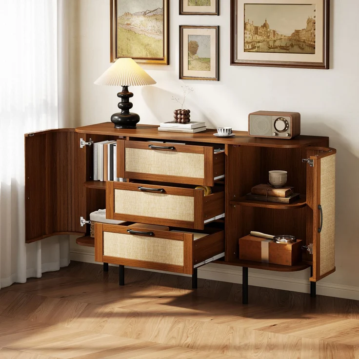 Flieks Sideboard 120 x 40 x 82 cm mit 2 Türen, 3 Schubladen, Geflechtfronten und verstellbaren Einlegeböden, Walnussholzoptik – Bild 3