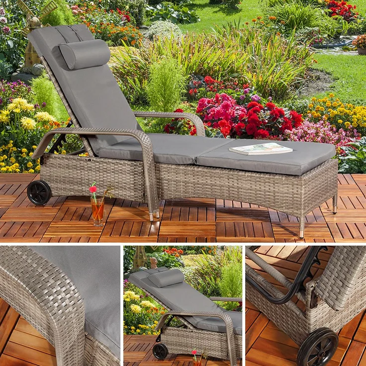 Sonnenliege grau Polyrattan Gartenlounge Liegestuhl Relax Terrasse Sitzgruppe – Bild 8