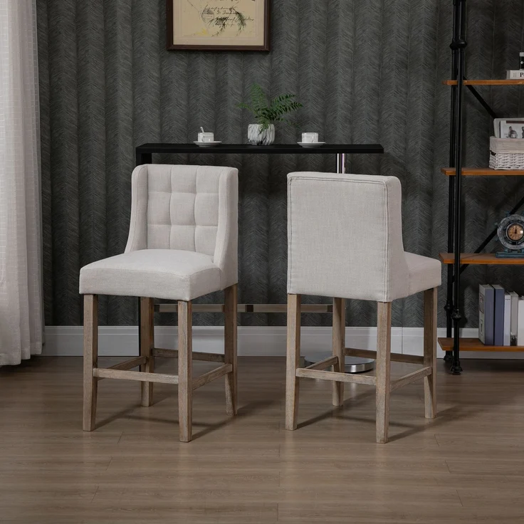 2er-Set Barhocker mit Knopfheftung, Massivholz, inkl. Fußstütze, 47 cm x 50 cm x 101 cm, Grau + Natur--Beige--101x50x47cm--YOUDENOVA – Bild 4