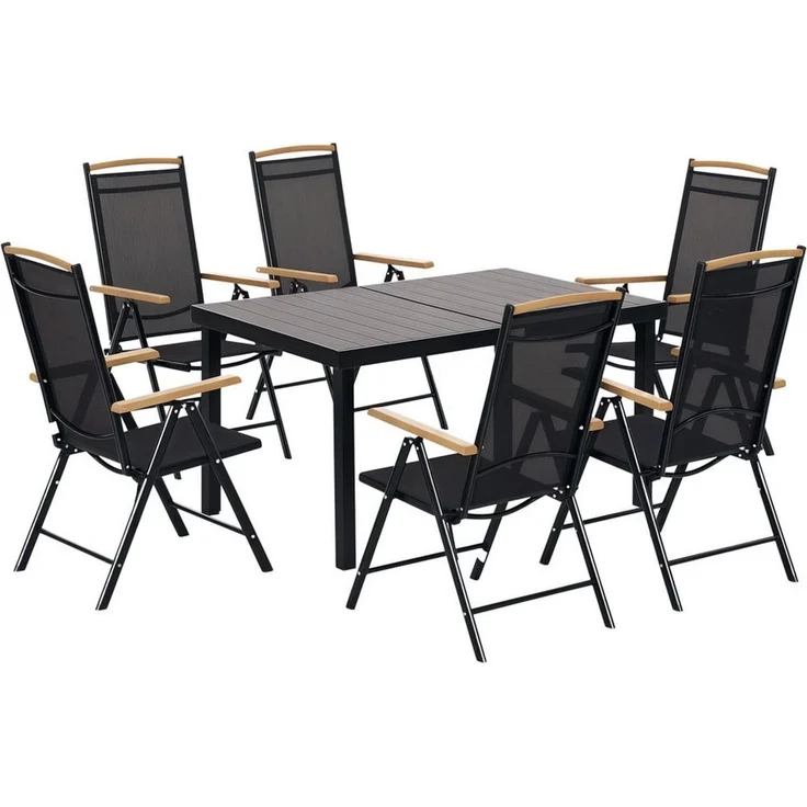 Outsunny Garten-Essgruppe Sitzgruppe klappbar 7tlg. 1 Tisch+6 Stühle Gartenmöbel Set, (Balkonmöbel, 7-tlg, Balkonset), Schwarz 140L x 90B x 74H cm – Bild 1