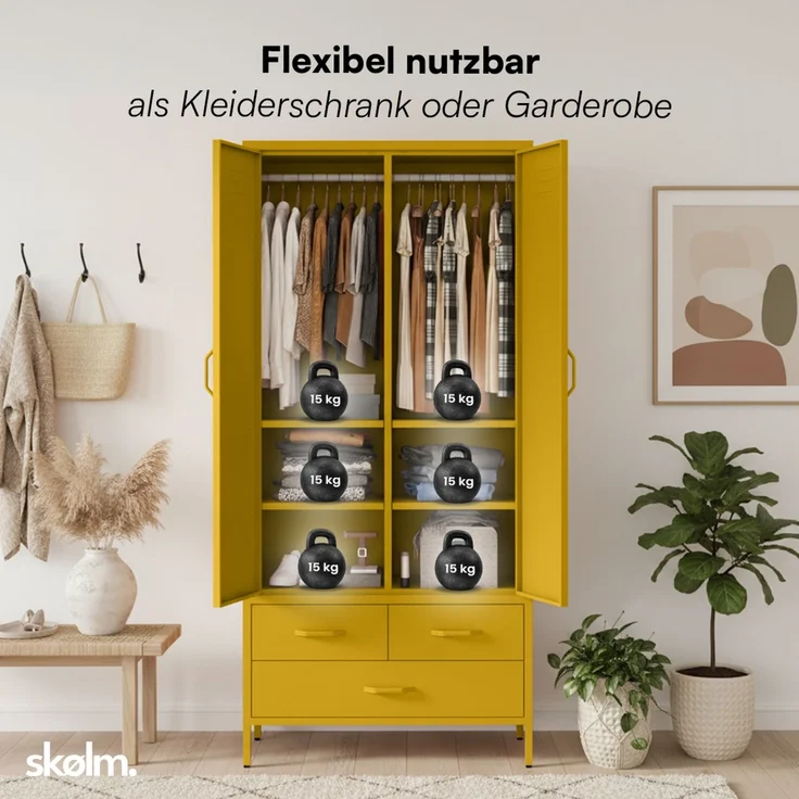 skølm 'Atria' Kleiderschrank mit 3 Schubladen, Metall, 170x45x80 cm, senfgelb, Garderobe mit 4 Fächern und 2 Kleiderstangen – Bild 6