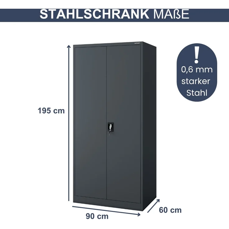 Aktenschrank abschließbar KADO - 5 Ebenen verstellbar, Flügeltüren | Metallschrank Werkstatt Mehrzweckschrank Büroschrank aus Stahl Werkzeugschrank, 195 x 90 x 60 cm Anthrazit – Bild 2