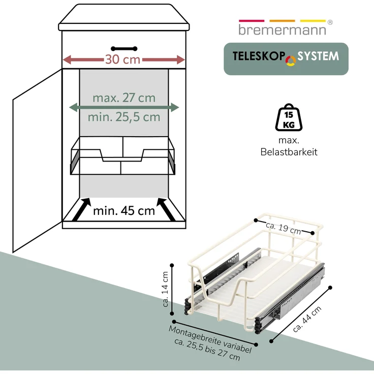 Teleskopschublade für 30 cm Schrank mit Einlegeboden, aus Metall, cremeweiß – Bild 7