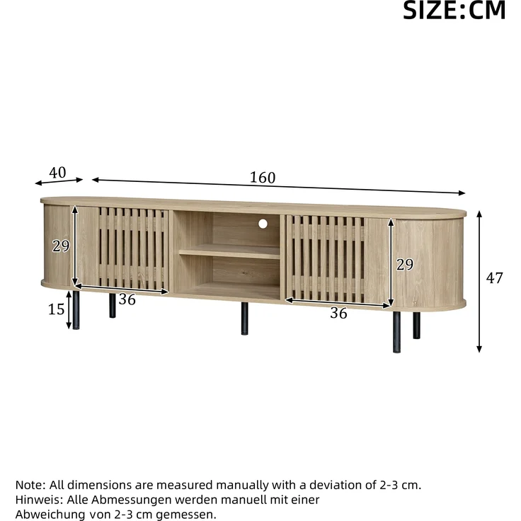 TV-Schrank Lowboard aus MDF mit durchbrochenem Holzdesign & 5 Beinen, für bis zu 65 Zoll, 160x40x47 cm, Naturholz – Bild 10
